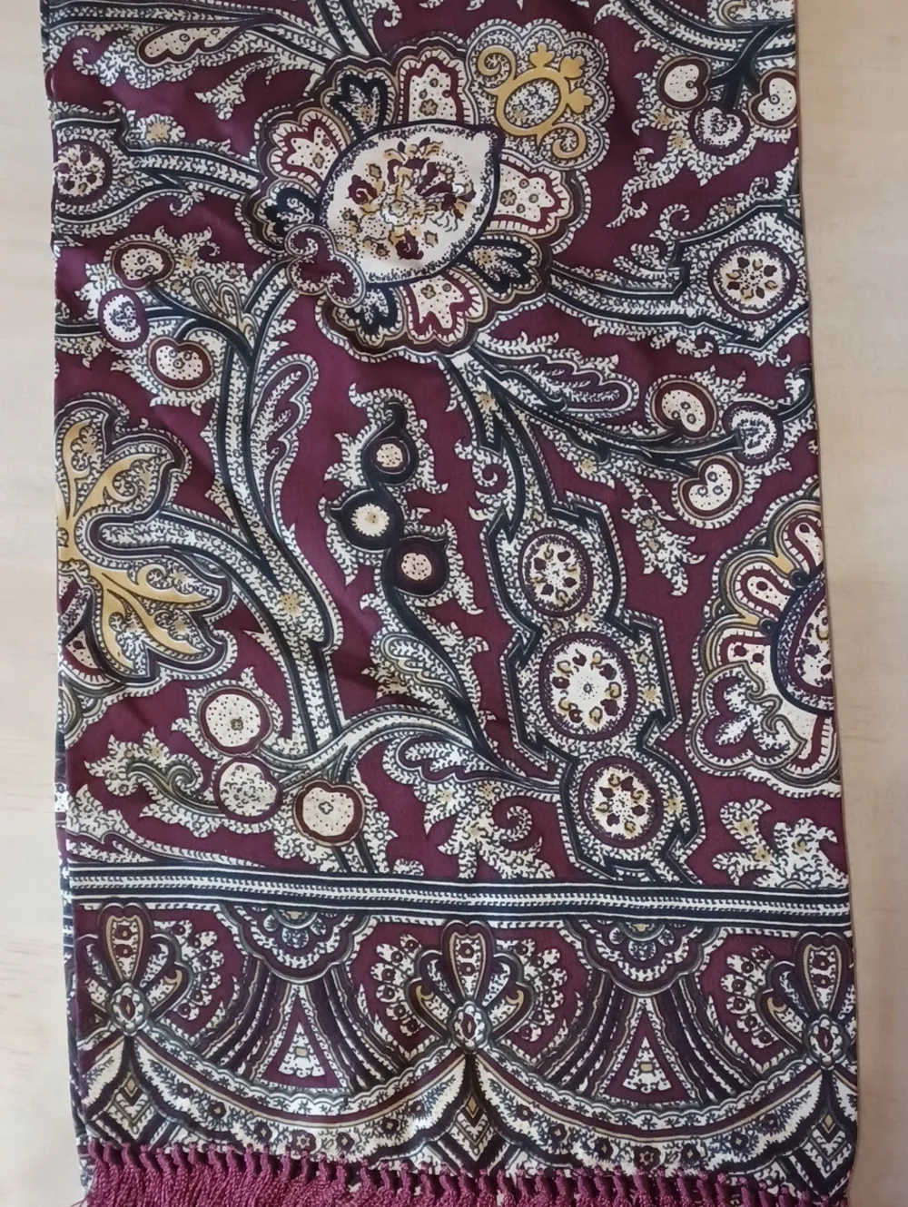 Vintage Paisley Oblong Fringe Scarf 48×10 Silk Feel Burgundy Cream Gold